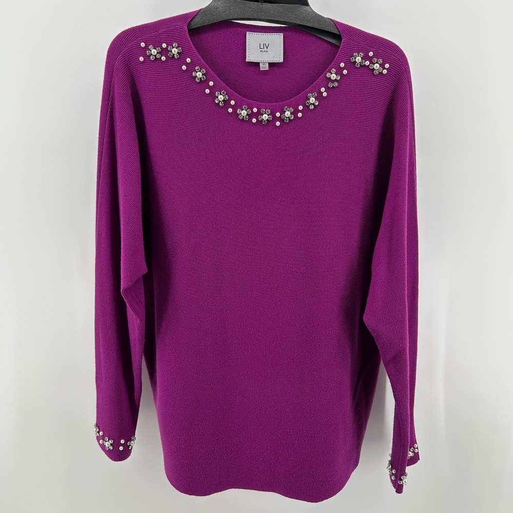 LIV Milano Women Embellished Jewel Knit Sweater Orchid‎ Purple XL Dolman Elegant